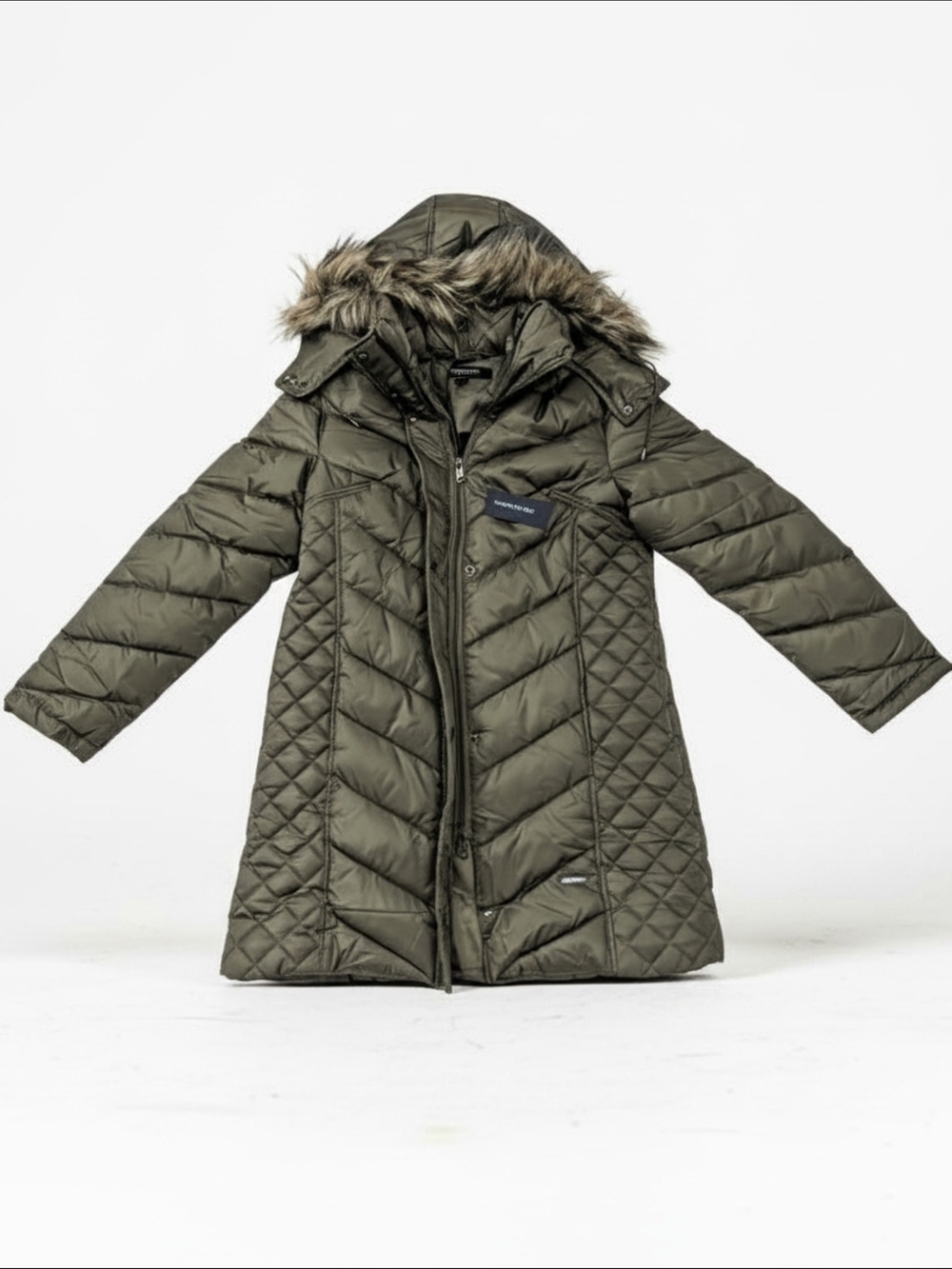 Kenneth Cole Olive Quilted Faux-Fur Hooded Puffer Coat